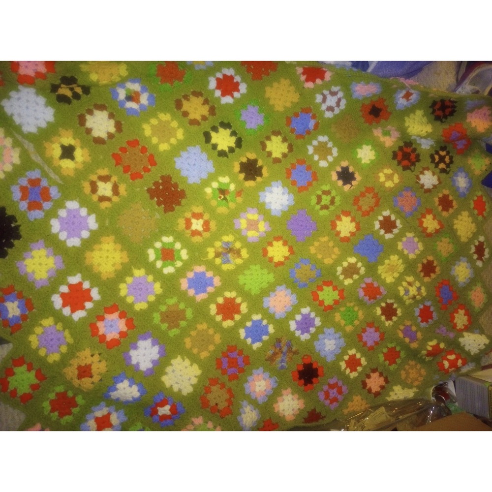 Green Granny Square Afghan Blanket Zag Knit 48x64 Vintage Multicolor